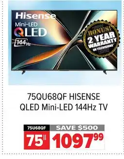 2001 Audio Video 75QU68QF HISENSE QLED Mini-LED 144Hz TV offer