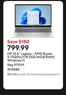 Staples HP 15.6 Laptop - AMD Ryzen 5-7520U/1TB SSD/16GB RAM/Windows 11 offer