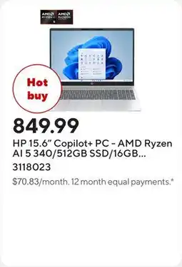Staples HP 15.6 Copilot+ PC - AMD Ryzen AI 5 340/512GB SSD/16GB RAM/Windows 11 Home offer