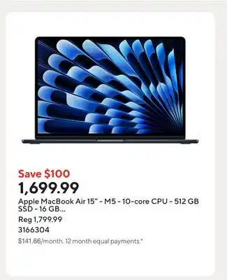 Staples Apple MacBook Air 15 - M5 - 10-core CPU - 512 GB SSD - 16 GB Unified Memory - Midnight offer
