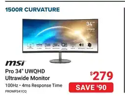 Visions Electronics MSI Pro 34 UWQHD Ultrawide Monitor offer