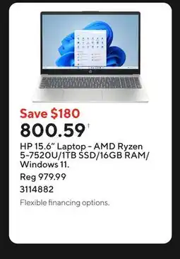 Staples HP 15.6 Laptop - AMD Ryzen 5-7520U/1TB SSD/16GB RAM/Windows 11 offer