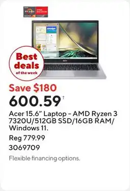 Staples Acer 15.6 Laptop - AMD Ryzen 3 7320U/512GB SSD/16GB RAM/Windows 11 offer