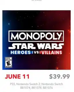 GameStop MONOPOLY STAR WARS: HEROES VS VILLAINS offer