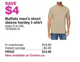Costco Buffalo men's short sleeve henley t-shirt offer
