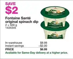 Costco Fontaine Santé original spinach dip offer