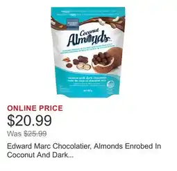 Costco Edward Marc Chocolatier, Almonds Enrobed In Coconut And Dark Chocolate offer