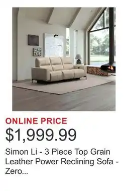 Costco Simon Li - 3 Piece Top Grain Leather Power Reclining Sofa - Zero Gravity offer