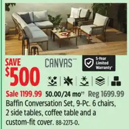 Canadian Tire Baffin Conversation Set, 9-Pc. 6 chairs, 2 side tables, coffee table and a custom-fit cover offer