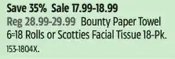 Canadian Tire Bounty Paper Towel 6=18 Rolls or Scotties Facial Tissue 18-Pk offer