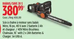 Canadian Tire Worx 40V Nitro Brushless Chainsaw. 16 with 2 x Ah Batteries & Charger offer