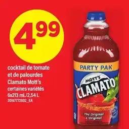 Maxi COCKTAIL DE TOMATE ET DE PALOURDES CLAMATO MOTT'S, 6X213 ML/2,54 L offer