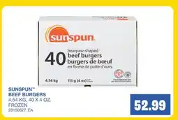 Wholesale Club SUNSPUN BEEF BURGERS, 4.54 KG, 40 X 4 OZ offer