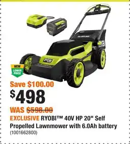 Home Depot EXCLUSIVE RYOBI 40V HP 20 Self Propelled Lawnmower with 6.0Ah battery offer