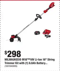 Home Depot MILWAUKEE M18 18V Li-Ion 16 String Trimmer Kit with (1) 6.0Ah Battery and Charger offer