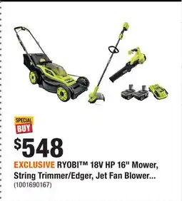 Home Depot EXCLUSIVE RYOBI 18V HP 16 Mower, String Trimmer/Edger, Jet Fan Blower Combo Kit offer