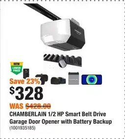 Home Depot CHAMBERLAIN 1/2 HP Smart Belt Drive Garage Door Opener with Battery Backup offer