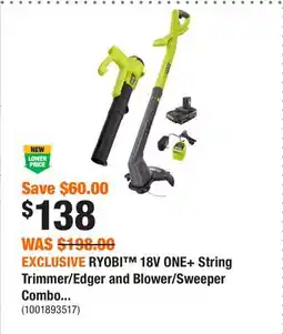 Home Depot EXCLUSIVE RYOBI 18V ONE+ String Trimmer/Edger and Blower/Sweeper Combo Kit •2.0 Ah Battery offer