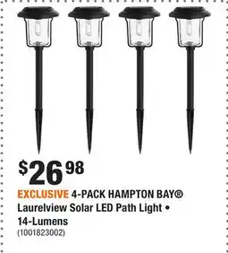 Home Depot EXCLUSIVE 4-PACK HAMPTON BAY Laurelview Solar LED Path Light • 14-Lumens offer