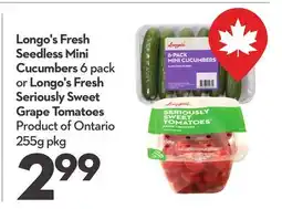 Longo's Longo's Fresh Seedless Mini Cucumbers 6 pack or Longo's Fresh Seriously Sweet Grape Tomatoes offer