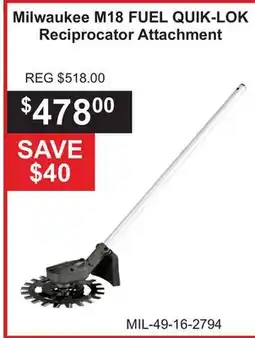 Atlas Tools & Machinery Milwaukee M18 FUEL QUIK-LOK Reciprocator Attachment offer