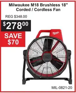 Atlas Tools & Machinery Milwaukee M18 Brushless 18 Corded/Cordless Fan offer