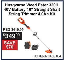 Atlas Tools & Machinery Husqvarna Weed Eater 320iL 40V Battery 16 Straight Shaft String Trimmer offer