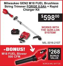 Atlas Tools & Machinery Milwaukee GEN2 M18 FUEL Brushless String Trimmer FORGE 8.0Ah + Rapid Charger Kit offer