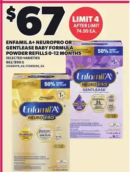 Loblaws ENFAMIL A+ NEUROPRO OR GENTLEASE BABY FORMULA POWDER REFILLS 0-12 MONTHS, 862/890 G offer