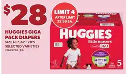 Loblaws HUGGIES GIGA PACK DIAPERS, SIZE N-7, 42-128'S offer