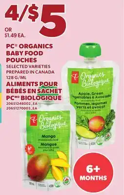 Independent Grocer PC ORGANICS BABY FOOD POUCHES, 128 G/ML offer