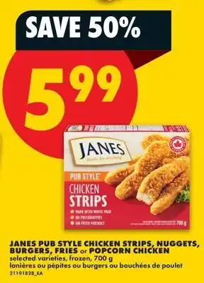 No Frills JANES PUB STYLE CHICKEN STRIPS, NUGGETS, BURGERS, FRIES or POPCORN CHICKEN offer