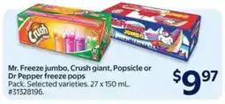 Walmart Mr. Freeze Jumbo, Crush Giant, Popsicle or Dr Pepper Freeze Pops offer