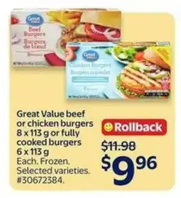 Walmart Great Value Beef or Chicken Burgers offer