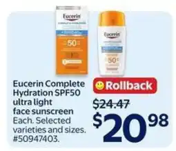 Walmart Eucerin Complete Hydration SPF50 Ultra Light Face Sunscreen offer