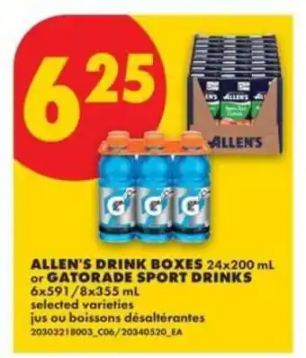 No Frills ALLEN'S DRINK BOXES or GATORADE SPORT DRINKS offer
