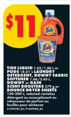 No Frills Tide Liquid or Pods, Downy Fabric Softener, Downy or Gain Scent Boosters, Bounce Dryer Sheets offer