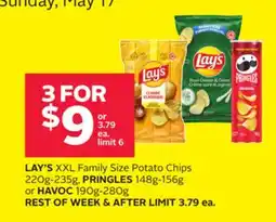 Rexall LAY'S XXL Family Size Potato Chips 220g-235g, PRINGLES 148g-156g or HAVOC 190g-280g offer