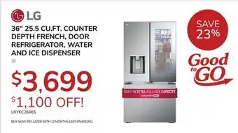 Goemans Appliances 36 25.5 CU.FT. COUNTER DEPTH FRENCH, DOOR REFRIGERATOR, WATER AND ICE DISPENSER offer