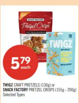 Shoppers Drug Mart TWIGZ CRAFT PRETZELS (130g) or SNACK FACTORY PRETZEL CRISPS (155g - 200g) offer