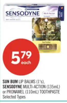 Shoppers Drug Mart SUN BUM LIP BALMS (1's), SENSODYNE MULTI-ACTION (135mL) or PRONAMEL (110mL) TOOTHPASTE offer