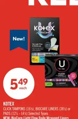 Shoppers Drug Mart KOTEX CLICK TAMPONS (16's), BIOCARE LINERS (38's) or PADS (12's - 14's) offer