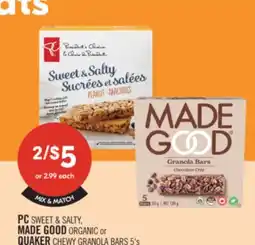 Shoppers Drug Mart PC SWEET & SALTY, MADE GOOD ORGANIC or QUAKER CHEWY GRANOLA BARS 5's offer