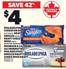 Independent City Market PHILADELPHIA CREAM CHEESE OR DIPS, 227/250 G, KRAFT SINGLES, 410 G OR KRAFT CHEEZ WHIZ, 450 G offer