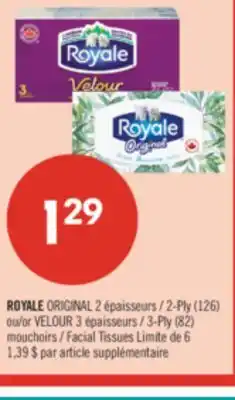 Pharmaprix ROYALE ORIGINAL 2-Ply (126) or VELOUR 3-Ply (82) Facial Tissues offer