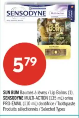 Pharmaprix SUN BUM Lip Balms (1), SENSODYNE MULTI-ACTION (135 mL) or PRO-ÉMAIL (110 mL) Toothpaste offer