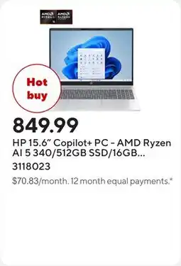 Staples HP 15.6 Copilot+ PC - AMD Ryzen AI 5 340/512GB SSD/16GB RAM/Windows 11 Home offer