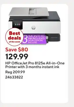 Staples HP OfficeJet Pro 8125e All-in-One Printer with 3 months instant ink offer