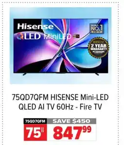 2001 Audio Video 75QD7QFM 75 HISENSE Mini-LED QLED AI TV 60Hz - Fire TV offer