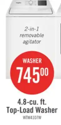 The Brick Whirlpool 4.8 Cu. Ft. Top Load Washer with 2-in-1 Removable Agitator - WTW4107SW offer